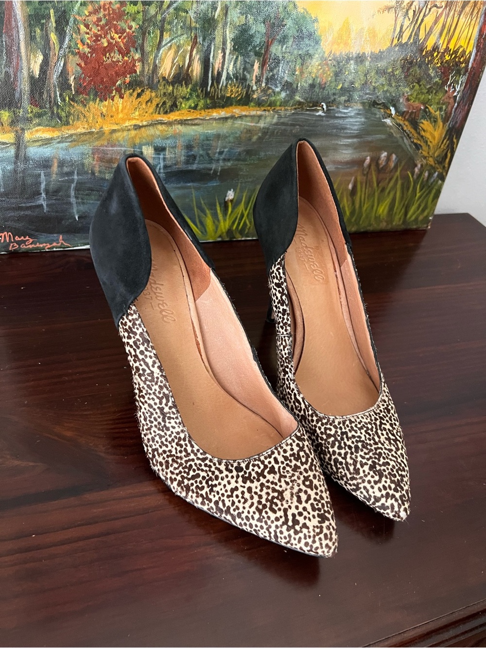 Madewell Maddie Leopard Print Pointed-Toe Pumps with Black Heel read
